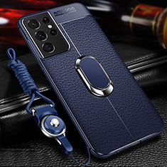 Coque Silicone Gel Motif Cuir Housse Etui avec Support Bague Anneau Aimante Magnetique pour Samsung Galaxy S21 Ultra 5G Bleu