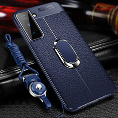 Bleu Coque Silicone Gel Motif Cuir Housse Etui avec Support Bague Anneau Aimante Magnetique pour Samsung Galaxy S22 5G Bleu