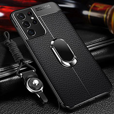 Coque Silicone Gel Motif Cuir Housse Etui avec Support Bague Anneau Aimante Magnetique pour Samsung Galaxy S22 Ultra 5G Noir