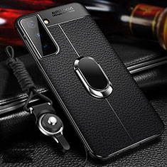 Coque Silicone Gel Motif Cuir Housse Etui avec Support Bague Anneau Aimante Magnetique pour Samsung Galaxy S23 5G Noir