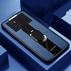 Coque Silicone Gel Motif Cuir Housse Etui avec Support Bague Anneau Aimante Magnetique pour Vivo iQOO 9 5G Bleu