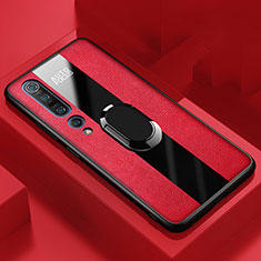 Coque Silicone Gel Motif Cuir Housse Etui avec Support Bague Anneau Aimante Magnetique pour Xiaomi Mi 10 Pro Rouge