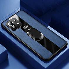 Coque Silicone Gel Motif Cuir Housse Etui avec Support Bague Anneau Aimante Magnetique pour Xiaomi Mi 11 5G Bleu