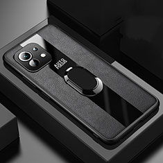Coque Silicone Gel Motif Cuir Housse Etui avec Support Bague Anneau Aimante Magnetique pour Xiaomi Mi 11 5G Noir