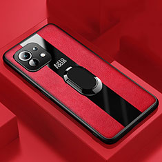 Coque Silicone Gel Motif Cuir Housse Etui avec Support Bague Anneau Aimante Magnetique pour Xiaomi Mi 11 5G Rouge