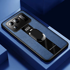 Coque Silicone Gel Motif Cuir Housse Etui avec Support Bague Anneau Aimante Magnetique pour Xiaomi Mi 11 Ultra 5G Bleu
