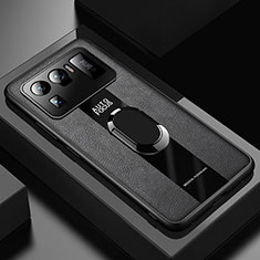 Coque Silicone Gel Motif Cuir Housse Etui avec Support Bague Anneau Aimante Magnetique pour Xiaomi Mi 11 Ultra 5G Noir