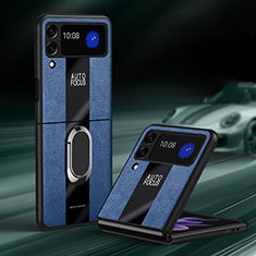 Coque Silicone Gel Motif Cuir Housse Etui avec Support Bague Anneau Aimante Magnetique S01 pour Samsung Galaxy Z Flip3 5G Bleu