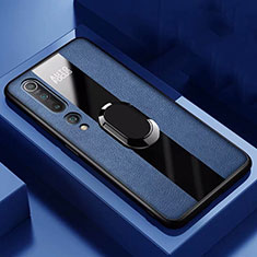 Coque Silicone Gel Motif Cuir Housse Etui avec Support Bague Anneau Aimante Magnetique S01 pour Xiaomi Mi 10 Bleu
