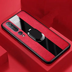 Coque Silicone Gel Motif Cuir Housse Etui avec Support Bague Anneau Aimante Magnetique S01 pour Xiaomi Mi 10 Rouge