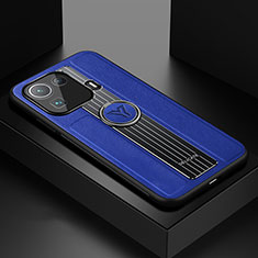 Coque Silicone Gel Motif Cuir Housse Etui avec Support Bague Anneau Aimante Magnetique S01 pour Xiaomi Mi 11 Pro 5G Bleu