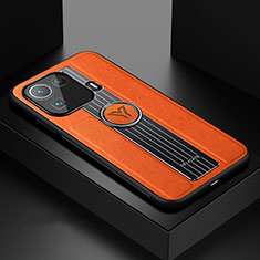 Coque Silicone Gel Motif Cuir Housse Etui avec Support Bague Anneau Aimante Magnetique S01 pour Xiaomi Mi 11 Pro 5G Orange
