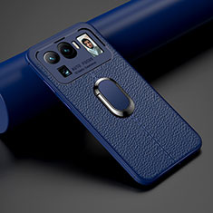 Coque Silicone Gel Motif Cuir Housse Etui avec Support Bague Anneau Aimante Magnetique S01 pour Xiaomi Mi 11 Ultra 5G Bleu