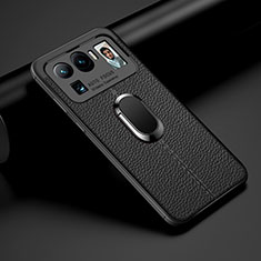 Coque Silicone Gel Motif Cuir Housse Etui avec Support Bague Anneau Aimante Magnetique S01 pour Xiaomi Mi 11 Ultra 5G Noir