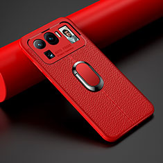 Coque Silicone Gel Motif Cuir Housse Etui avec Support Bague Anneau Aimante Magnetique S01 pour Xiaomi Mi 11 Ultra 5G Rouge