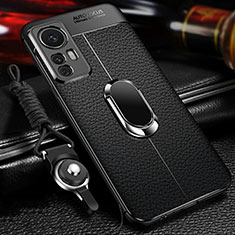Coque Silicone Gel Motif Cuir Housse Etui avec Support Bague Anneau Aimante Magnetique S01 pour Xiaomi Mi 12T 5G Noir