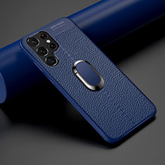 Coque Silicone Gel Motif Cuir Housse Etui avec Support Bague Anneau Aimante Magnetique S02 pour Samsung Galaxy S21 Ultra 5G Bleu