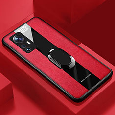 Coque Silicone Gel Motif Cuir Housse Etui avec Support Bague Anneau Aimante Magnetique S02 pour Xiaomi Mi 12 5G Rouge