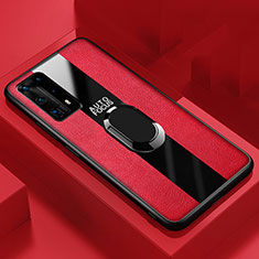 Coque Silicone Gel Motif Cuir Housse Etui avec Support Bague Anneau Aimante Magnetique S03 pour Huawei P40 Pro+ Plus Rouge