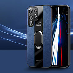 Coque Silicone Gel Motif Cuir Housse Etui avec Support Bague Anneau Aimante Magnetique S03 pour Samsung Galaxy S22 Ultra 5G Bleu