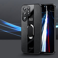 Coque Silicone Gel Motif Cuir Housse Etui avec Support Bague Anneau Aimante Magnetique S03 pour Samsung Galaxy S23 Ultra 5G Noir