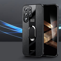 Coque Silicone Gel Motif Cuir Housse Etui avec Support Bague Anneau Aimante Magnetique S03 pour Samsung Galaxy S24 Ultra 5G Noir