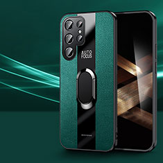 Coque Silicone Gel Motif Cuir Housse Etui avec Support Bague Anneau Aimante Magnetique S03 pour Samsung Galaxy S24 Ultra 5G Vert