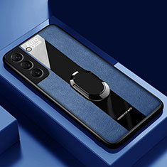 Coque Silicone Gel Motif Cuir Housse Etui avec Support Bague Anneau Aimante Magnetique S04 pour Samsung Galaxy S21 FE 5G Bleu