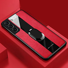 Coque Silicone Gel Motif Cuir Housse Etui avec Support Bague Anneau Aimante Magnetique S04 pour Samsung Galaxy S21 FE 5G Rouge