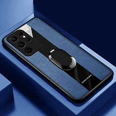 Coque Silicone Gel Motif Cuir Housse Etui avec Support Bague Anneau Aimante Magnetique S04 pour Samsung Galaxy S21 Ultra 5G Bleu
