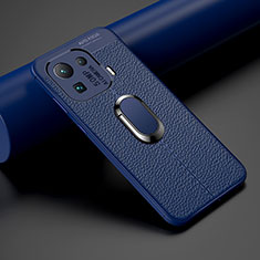 Coque Silicone Gel Motif Cuir Housse Etui avec Support Bague Anneau Aimante Magnetique S07 pour Xiaomi Mi 11 Pro 5G Bleu