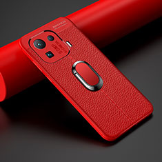 Coque Silicone Gel Motif Cuir Housse Etui avec Support Bague Anneau Aimante Magnetique S07 pour Xiaomi Mi 11 Pro 5G Rouge