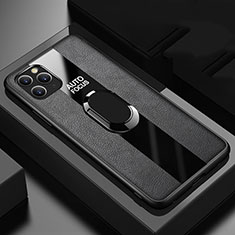 Coque Silicone Gel Motif Cuir Housse Etui avec Support Bague Anneau Aimante Magnetique T01 pour Apple iPhone 11 Pro Noir