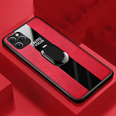 Coque Silicone Gel Motif Cuir Housse Etui avec Support Bague Anneau Aimante Magnetique T01 pour Apple iPhone 11 Pro Rouge