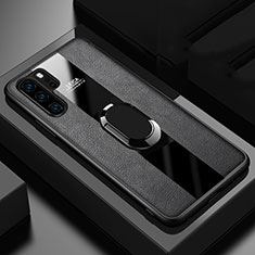 Coque Silicone Gel Motif Cuir Housse Etui avec Support Bague Anneau Aimante Magnetique T01 pour Huawei P30 Pro Noir