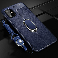 Coque Silicone Gel Motif Cuir Housse Etui avec Support Bague Anneau Aimante Magnetique T01 pour Samsung Galaxy A51 5G Bleu