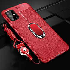 Coque Silicone Gel Motif Cuir Housse Etui avec Support Bague Anneau Aimante Magnetique T01 pour Samsung Galaxy A51 5G Rouge