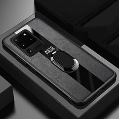 Coque Silicone Gel Motif Cuir Housse Etui avec Support Bague Anneau Aimante Magnetique T01 pour Samsung Galaxy S20 Ultra 5G Noir