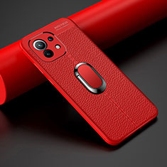 Coque Silicone Gel Motif Cuir Housse Etui avec Support Bague Anneau Aimante Magnetique T01 pour Xiaomi Mi 11 5G Rouge