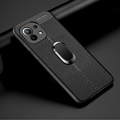 Coque Silicone Gel Motif Cuir Housse Etui avec Support Bague Anneau Aimante Magnetique T01 pour Xiaomi Mi 11 Lite 4G Noir