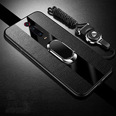 Coque Silicone Gel Motif Cuir Housse Etui avec Support Bague Anneau Aimante Magnetique T01 pour Xiaomi Mi 9T Noir