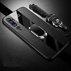 Coque Silicone Gel Motif Cuir Housse Etui avec Support Bague Anneau Aimante Magnetique T01 pour Xiaomi Mi Note 10 Noir