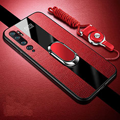 Coque Silicone Gel Motif Cuir Housse Etui avec Support Bague Anneau Aimante Magnetique T01 pour Xiaomi Mi Note 10 Rouge