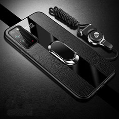 Coque Silicone Gel Motif Cuir Housse Etui avec Support Bague Anneau Aimante Magnetique T02 pour Huawei Honor X10 5G Noir
