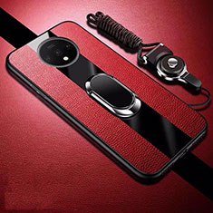 Coque Silicone Gel Motif Cuir Housse Etui avec Support Bague Anneau Aimante Magnetique T02 pour OnePlus 7T Rouge