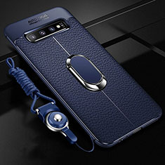 Coque Silicone Gel Motif Cuir Housse Etui avec Support Bague Anneau Aimante Magnetique T02 pour Samsung Galaxy S10 5G Bleu