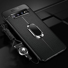 Coque Silicone Gel Motif Cuir Housse Etui avec Support Bague Anneau Aimante Magnetique T02 pour Samsung Galaxy S10 Noir