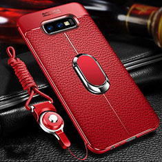 Coque Silicone Gel Motif Cuir Housse Etui avec Support Bague Anneau Aimante Magnetique T03 pour Samsung Galaxy S10e Rouge