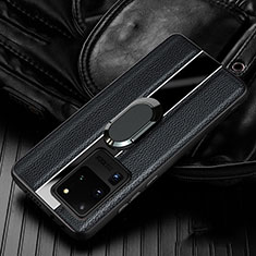 Coque Silicone Gel Motif Cuir Housse Etui avec Support Bague Anneau Aimante Magnetique T04 pour Samsung Galaxy S20 Ultra 5G Noir