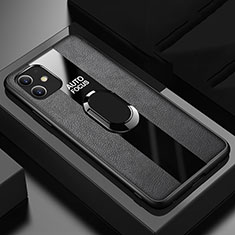 Coque Silicone Gel Motif Cuir Housse Etui avec Support Bague Anneau Aimante Magnetique Z01 pour Apple iPhone 11 Noir